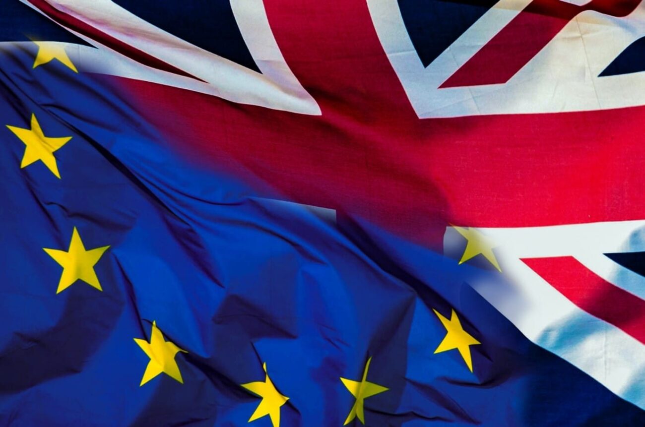Image shows a collage of the EU flag and the Union Jack flag.